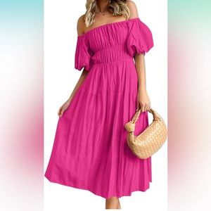 Off Shoulder Puff Short Sleeve Pink Dress